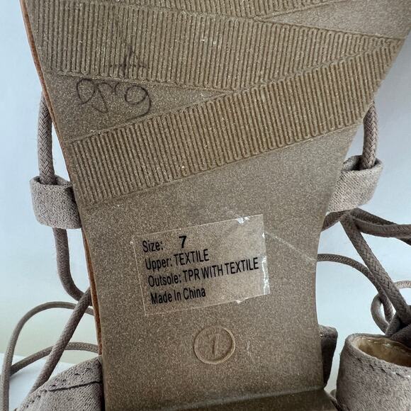 Boho Gladiator Womens US 7 Brown Faux Leather Suede Ankle Wrap Sandals Shoes - Picture 9 of 10